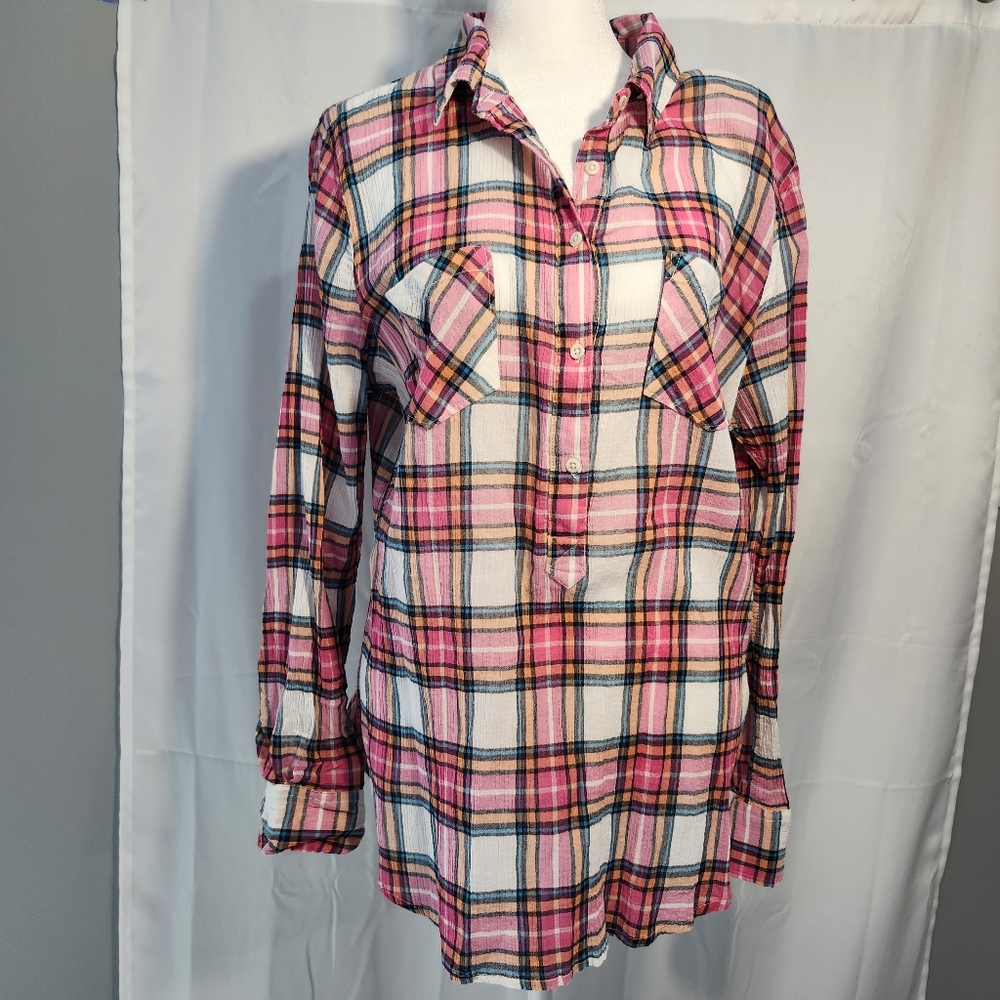Merona Size XL Pink Plaid Half Button-Up Shirt - Picture 2 of 8